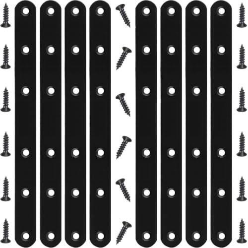 Image of 8 Pcs Black Flat Bracket 8 Inch Stainless Steel Straight Braces, Mending Plates Repair Fixing Brackets Heavy Duty Straight Repair Joining Plates with Screws