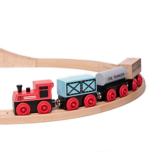 umu Wooden Train Set Railroad Track for Kids, Compatible to Thomas Train Toys Railway and Major Brands, Includes 8 Magnetic Rail Cargo Cars & 12 Tracks & 2 Bridges for 3+ Year Old Boys and Girls