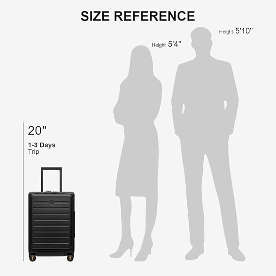 LEVEL8 Road Runner Carry On Luggage with Front Compartment, 20 Inch Lightweight Hard Shell Suitcases with Wheels Airline Approved, Tsa Locks for Luggage, Black,21.46 x 14.57 x 9.45
