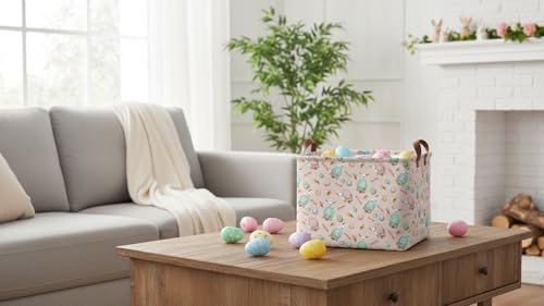 Image of Rectangle Pink Rabbit Easter Basket with Handles,Collapsible Kids Toys Bin,Cute Baby Storage Basket,Books Box,Gift Basket(Pink Rabbit Easter Basket)