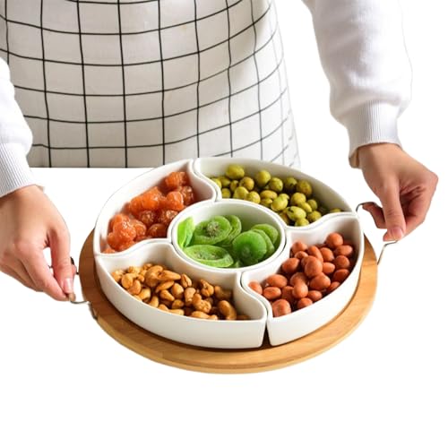 Bandeja para servir dividida: organizador de aperitivos giratorio, bandeja extraíble | Dispensador de almacenamiento de piezas con asa, soporte para frutas secas, nueces, dulces para una