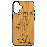 Cover per Apple iPhone 16+ Plus Legno Silicone J'peux Pas J'Ai muscu 128 GB di Protezione umoristica Crossfit Mobile Nero Comico
