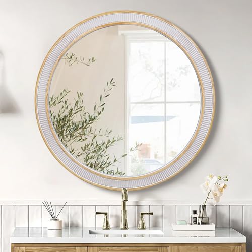 HOITUZYUS 30 Inch Round Wood Mirrors for Wall Decor, Rustic Farmhouse Circle Decorative Mirror for Bathroom, Living Room, Foyer, Entryway, Bedroom