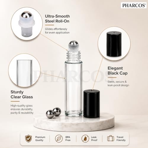 Image of PHARCOS Classic Transparent Glass Roll On Bottles with Black Cap for Essential Oils, Perfumes, Lip Balms, Aromatherapy | Refillable Reusable & Eco- Freindly Leakproof Bottle - 10ml (Pack of 3)