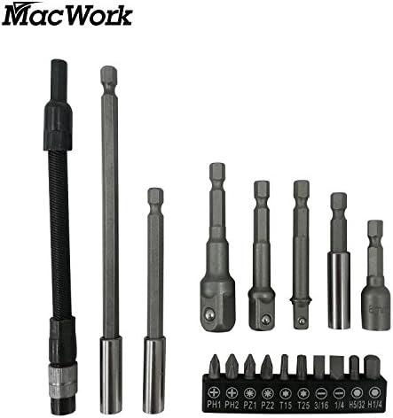 MacWork 18-Piece Socket Adapter Impact Hex Shank Drill Bits Bar Set 1/4" 3/8" 1/2"Socket Adapter+ 3PCS 1/4" Bit Extension+1PC 1/4 Flexisble Extension Driver+ Bits Accessories