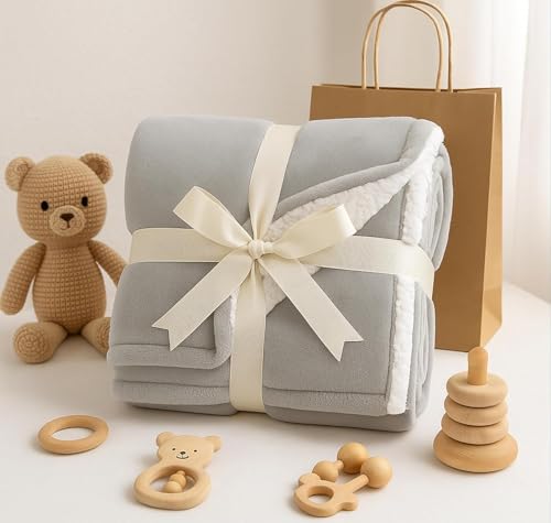 Image of VAS COLLECTIONS Baby Blanket Gift Set | 2-Layer Flannel & Sherpa Wrapping Sheet | Ultra Soft & Cozy | Newborn Boys & Girls | All-Season AC Blanket (130x105 cm, 800 g) (Gift Grey, Baby (800g))