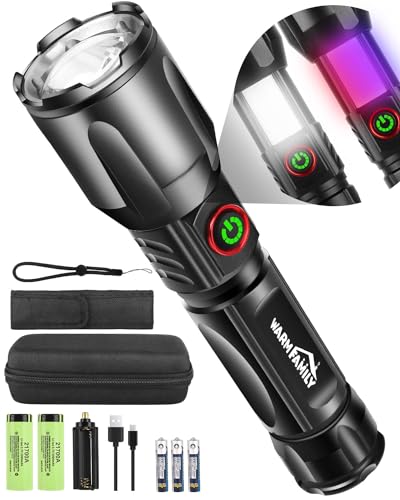 Torch, WARM FAMILY Led Torch, 10000 Lumens Torches Led Super Bright, Zoomable Led Torch Rechargeable, 5 Modes Flashlight with COB Work Light for Camping, Hiking, Walking, Emergency