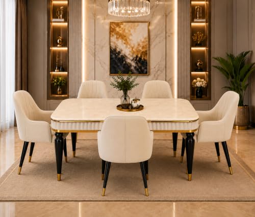 Image of 4 Seater Dining Table Set with Nano Composite Marble Top, Solid Wood Base & 4 Upholstered Chairs, Modern Dining Table Set for Home & Dining Room Furniture (Cream, White Marble Top, 4 Seater)