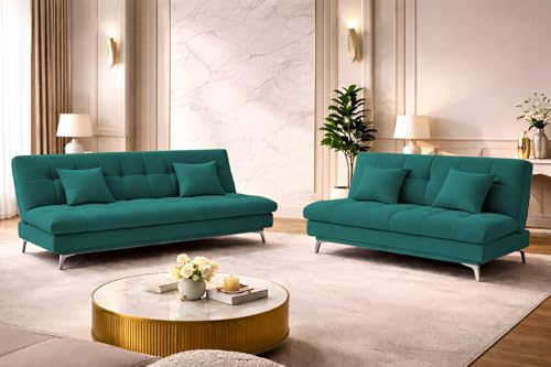 Image of Krancy Solid Wood 3 + 2 Seater Sofa Cum Bed with 2 Cushions | Convertible Wooden Couch for Living Room, Home & Office | Modern Designer Furniture | 3 Years Warranty | Pine
