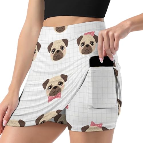 Deiubuc Womens Cute Pug Dog Heads Skorts with Pockets High Waisted Stretchy Skirt for Running Tennis Golf Sports Casual Skort XL
