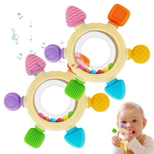 2 Piezas Mordedor Bebe, Esterilizados a Alta Temperatura, Superficie Texturizada, con Sonido de Sonajero, Mordedor Sonajero, Fácil de Agarrar, Adecuado para Bebés de 3 a 12 Meses (Multicolor)