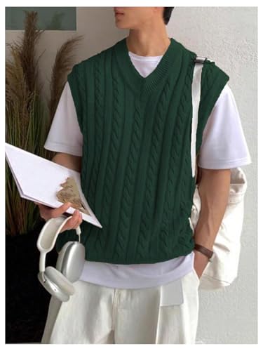 SHENHE Men's Cable Knit Sweater Vest V Neck Sleeveless Fashion Fall Jumper Pullover3