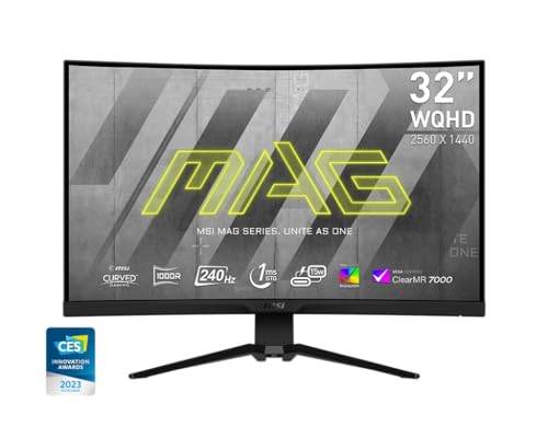 MSI MAG 325CQRXF E2 31.5-inch 2560 x 1440 (WQHD) Computer Monitor, 240Hz, Adaptive-Synch, HDMI, Display Port, VGA Port, VESA Mountable, Tilt, Height Adjustable, Speaker, 0.5ms, Black, Panel Type VA