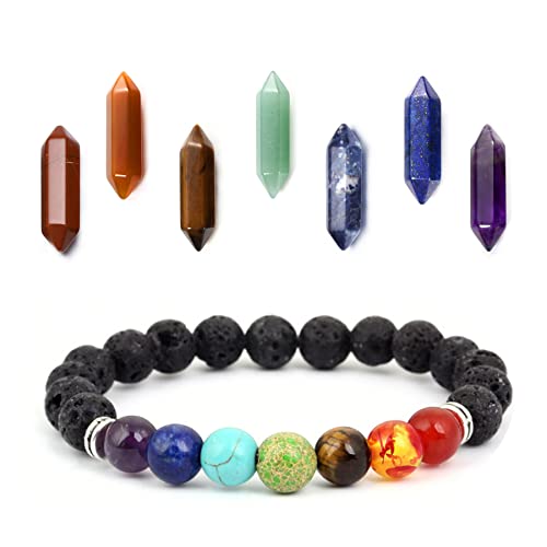 8Pcs Crystals and Healing Stones, Healing Crystals Bracelet, Full of Spiritual Energy 7 Chakra Bracelets, 7 Colors of Hexagonal prism, Chakra Crystals Stones