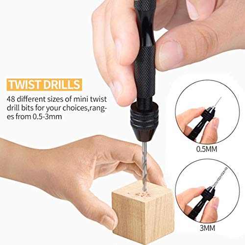 WholeFire 60 Stück Schraubstock-Handbohrer, 0,3–1,2 mm PCB-Mini-Bohrer und 0,5–3,0 Spiralbohrer mit Präzisions-Handstift-Schraubstock, Drehwerkzeuge für Holz, Schmuck, Kunststoff usw