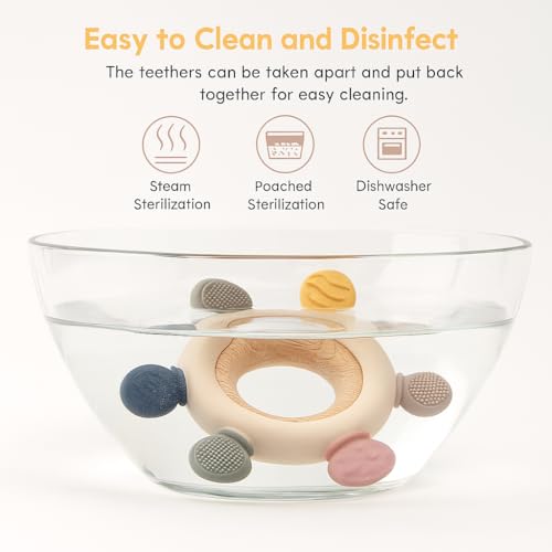 Image of KLIMET Silicone & Wooden Baby Teether for 3+ Months | BPA Free Soft Teething Toy | Safe Teether for Infants | Round Shape | Color - Beige