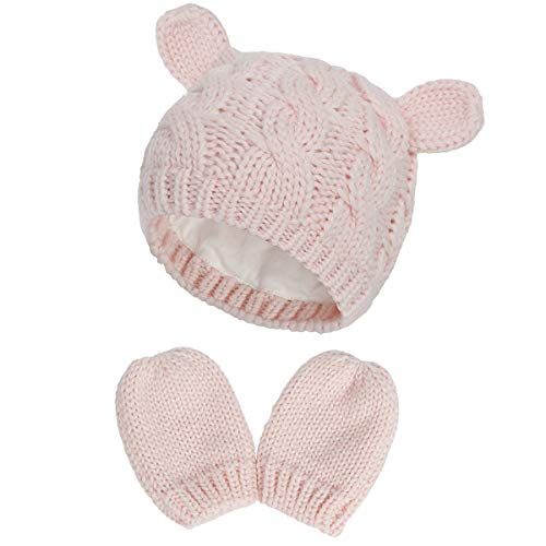 oenbopo Soft Warm Knitted Baby Hats and Mittens Set Winter Knitted Warm Beanie Hat and Mittens for 0-18M Baby Boys Girls Pink