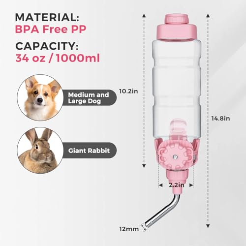 Vannon Dog Water Dispenser for Cage, 34oz Auto Feeding Crate Water Bottle for Dogs, Cats & Rabbits, Pet Nozzle Diameter: 12mm, BPA Free, Pink