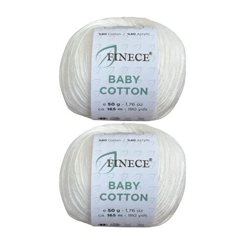 Finece Baby Cotton, 60% Cotton 40% Acrylic Yarn, Fine (2) For Crochet And Knitting 2 X 1.76 Oz (2 X 50G) / 2 X 180 Yrds (2 X 165M), Soft Yarn, Amigurumi Yarn (2 Skeins, 3010 - White) #TOP14