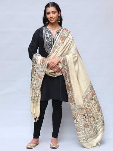 Women's Khadi Cotton Shawl with Madhubani Art Print | Beautiful Design Soft Weave Stole, Scarf for Girl2
