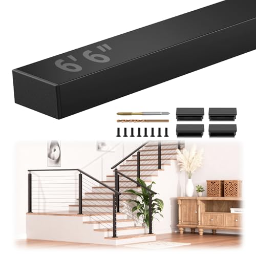 Image of 6'6 inch Black Cable Railing Handrail, Stainless Steel T304 Rectangular Flat Top Hand Rail for Indoor Outdoor Deck Stair Cable Railing System, Cuttable Deck Handrail with End Cap DIY Balustrade