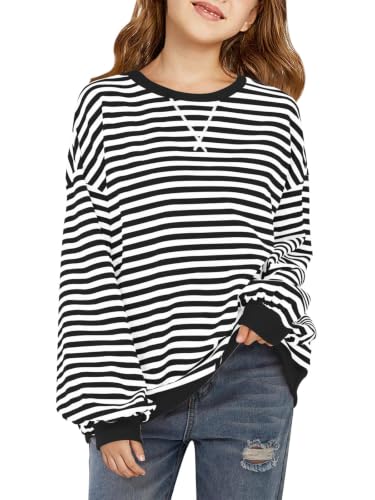 Image of Haloumoning Girls Striped Crewneck Sweatshirt Black 9-10 Years