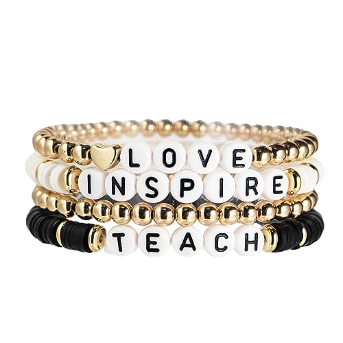 Fuqimanman2020 Teacher Appreciation Heishi Stackable Bracelet Set Teach Love Teach Inspire Beaded Stretchy Ploymer Clay Back to School Preppy Jewelry