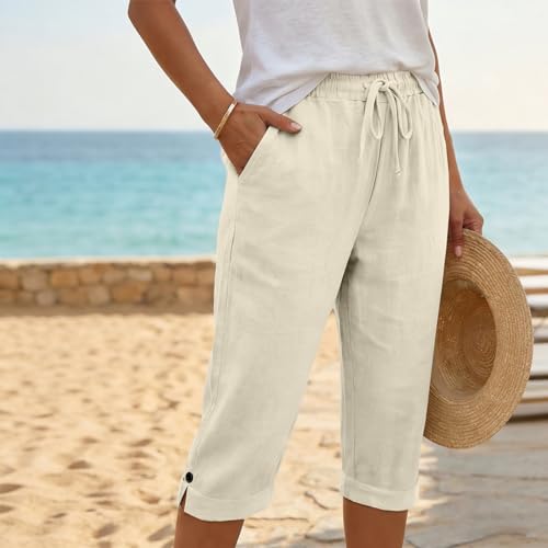 Pantalones capri para mujer de algodón y lino rectos 2
