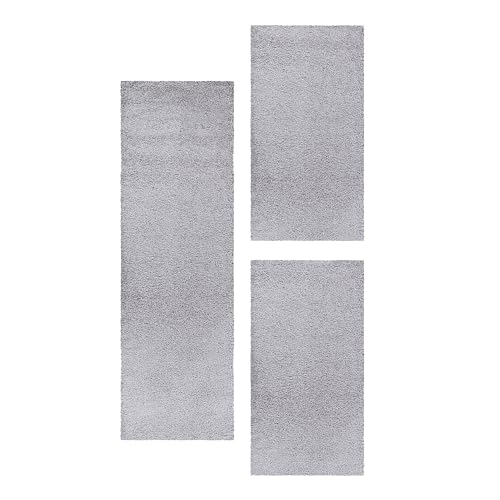 HomebyHome Alfombra Alrededor de la Cama Peludo de Pila Larga Diseño Liso Dormitorio Suave y Esponjoso Rectangular 3 Partes de Corredor, Color:Gris Claro, Juego de Cama:2X 80x150 + 1x 100x200