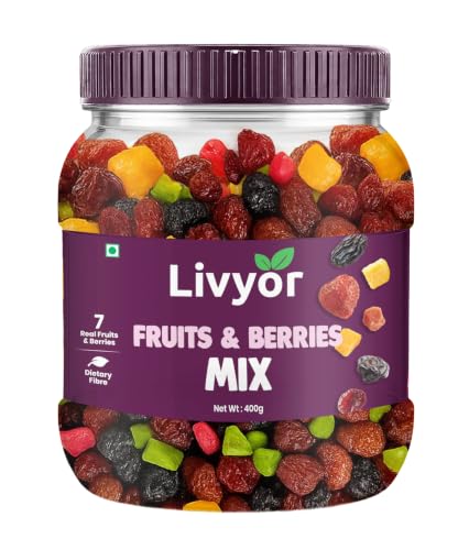 Image of Livyor 7 in 1 Dried Fruits and Berry Mix for eating - 400g | Good Source of Fibre | Dried Cranberries | Pineapple | Pamelo | Papaya | Blueberries | Strawberries | Mango | Fruits & Berry Blast | Berries dry fruits | Berries fresh | Pack of 1