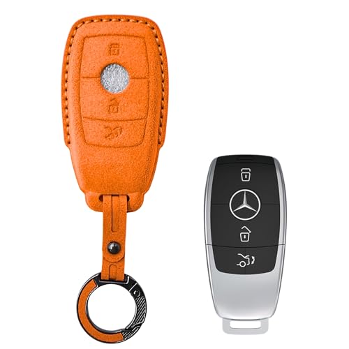 Image of KMH Alcantara Car Key Cover Compatible with Mєrcєdєs W205, E320L, C200, C180, C260, C300 Series Model 3 Buttons Shell Case Holder Full Key Protector Smart Keycover with Keychain, Orange - Pack of 2