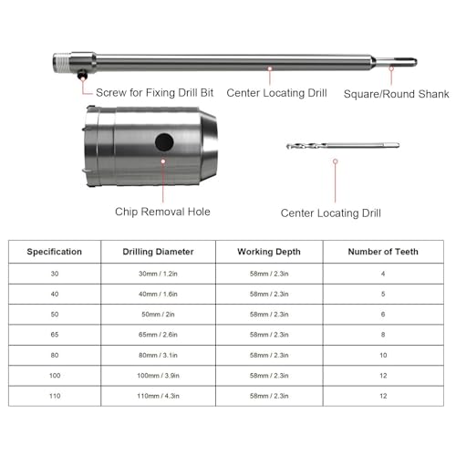 Kit Luocute de 7 brocas para perforar hormigón, con varillas de conexión de 300 mm y 110 mm, para taladro percutor, diámetros de 30 a 110 mm, incluye caja de almacenamiento miniatura 6