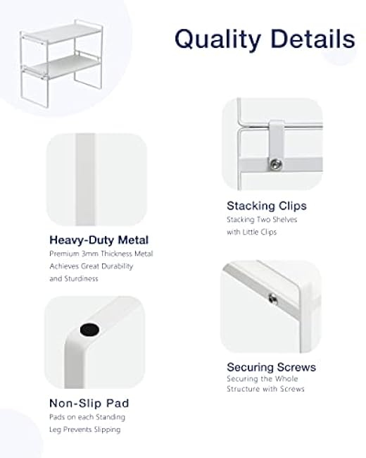 Nxconsu 2Pack Cabinet Shelves Stackable Shelf Organizer Rack Riser for Kitchen Cabinet Pantry Cupboard Counter Countertop Home Organization Storage Space Saver Heavy Duty Metal Nonslip White