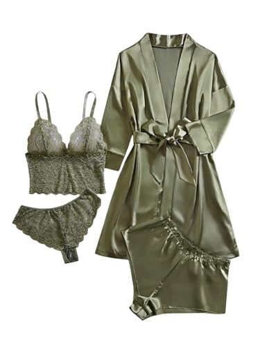 Image of GORGLITTER Women's 5 Piece Floral Print Satin Silk Pajama Set Nightgown Robe Cami Shorts Sleepwear Pj Sets