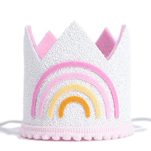 WAOUH Rainbow Hat for Birthday Party - Rainbow Crown for Birthday Decoration, Cake Smash Photo Prop, Glitter Rainbow Crown for Girl or Boy. (Rainbow Crown Pink)