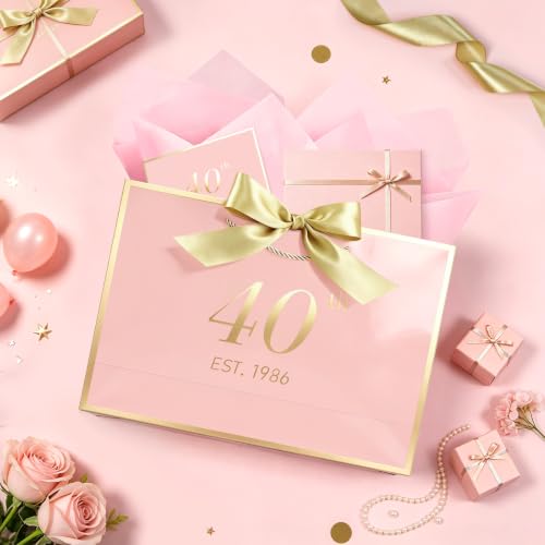 Image of JMANNI Birthday Gift Bag with Card and Tissue Paper for Men Women Him, Elegant Pink Gold Anniversary Keepsake Party Present Shopping Paper Bags for Gifts Wrapping Pink / 13 inch Large /EST.1986 40th