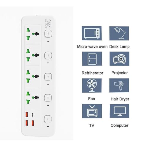 Image of Extension Board, Power Strip with 6 USB Ports and 3 Universal Socket, 2500W 10A Extension Cord, 3-Pin Surge Protector Power Strip for Home, Office, Computer, Mobile Charging (White-A85)