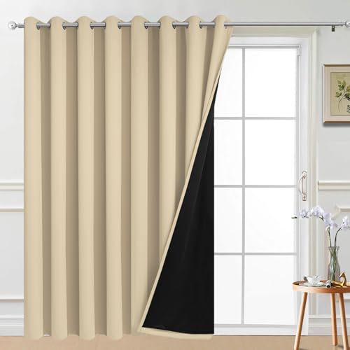 Image of Yakamok 100% Blackout Thermal Insulated Grommet Curtains, Noise Reducing Barrier Panel for Sliding Glass Door, 2 Thick Layers Heat Full Light Blocking Patio Door Drapery, Beige, W100 x L84, 1 Panel