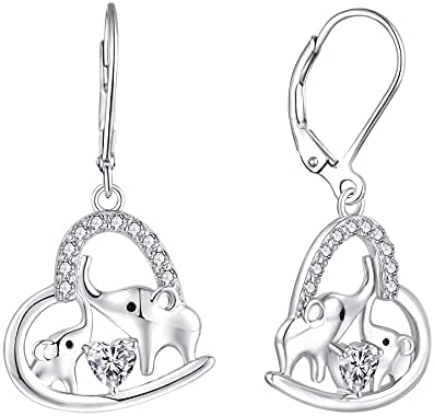 JO WISDOM Women Heart Earrings,925 Sterling Silver Elephant Leverback Dangle & Drop Earrings with 3A Cubic Zirconia