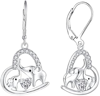 JO WISDOM Women Heart Earrings,925 Sterling Silver Elephant Leverback Dangle & Drop Earrings with 3A Cubic Zirconia