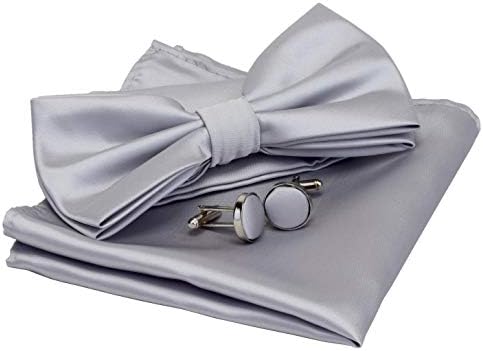GUSLESON Mens Solid Silver Gray Bow Tie Charcoal Color Pre-tied Wedding Bowtie and Pocket Square Cufflink Set With Box (0570-09)