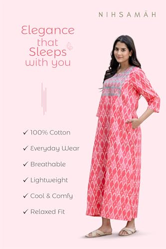 Image of NIHSAMAH Cotton Nighty for Women - Printed Stylish Night Gown, Comfortable Sleepwear Long Nightwear, Maxi