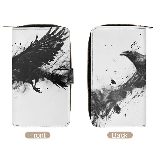 Smooth Black Crow Raven Bird Grey PU Leather Wallet, Women Men Reusable Multi-Functional Wallets Waterproof with Snap and Zipper, Large Capacity Wallet3