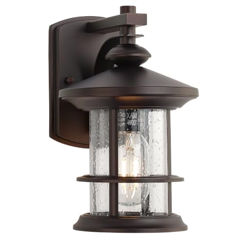 Image of MICSIU 2 Pack Oil Rubbed Bronze Outdoor Wall Light, 10 Inch Rustic Cottage | Max 100W Metal Round Exterior Sconce with Clear Seedy Glass, WaterWroof Porch Light for Entryway, Garage, Bathroom