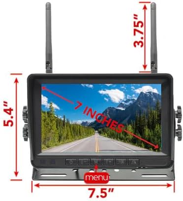 Dimensions of the 7-inch LCD monitor, showing a screen size of 7 inches diagonally, a width of 7.5 inches, and a height of 5.4 inches including antennas.