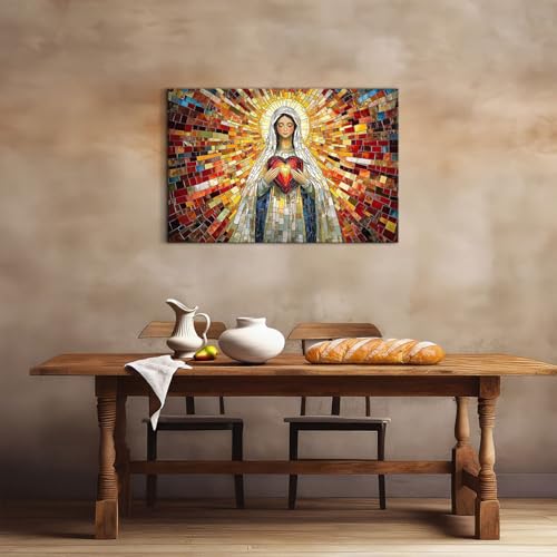 Image of Retro Christian Canvas Wall Art Jesus Virgin Mary Paintings Wall Decor for Living Room Church Decorations 24x36 inch Colorful Our Lady Holding Sacred Heart Aesthetics Posters Large Artwork Ready To Hang