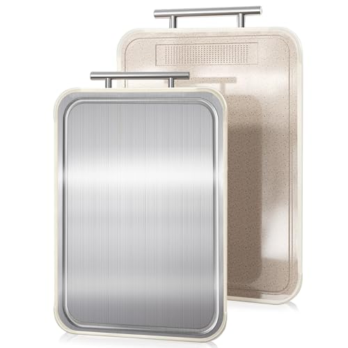 Solviva Tábua de Corte em Aço Inoxidável e PP, Dupla Face para Carnes, Frutas e Vegetais, Canaletas Antirrespingo, 39x25 cm, Lavável em Lava-louças ﻿
