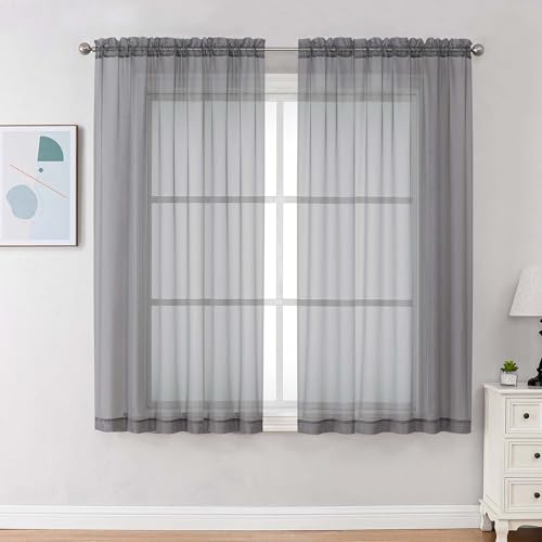 Image of Chyhomenyc Charcoal Grey Sheer Curtains 63 Inches Long 2 Panels, Light Filtering Bright Lightweight Curtains for Living Room, Soft Gentle Voile Rod Pocket Bedroom Window Drapes, 59Wx63L Inch, 2PCS