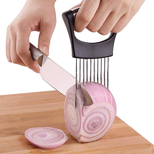 Pole-Trees Onion Holder Slicer Food Slicer AssistantPortable Kitchen Stainless Steel Vegetable Chopper Slicing ToolTomato Potato Onion Slicer Meat Slicer with Non-Slip Handle Safety Design A