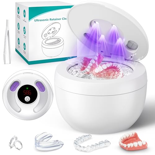 Upgraded Ultrasonic Retainer Cleaner, 45kHz Ultrasonic Dentures Cleaner for Night Guards, Braces, Aligner, Toothbrush, Jewelry and More, 4 Modes Cleaning Pod 200ML
